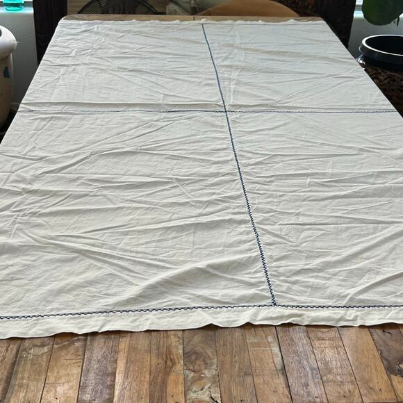 Vintage Off White Tablecloth Blue Stitching 69"x 71.5" - Picture 1 of 14